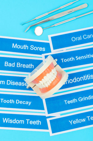 Dentures model with dental disease on blue background.
