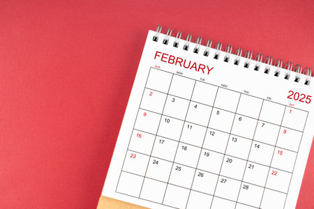 February 2025 desk calendar on red color background.の写真素材