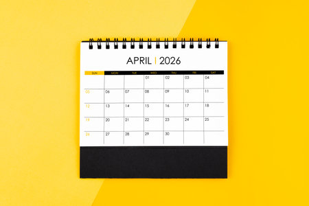 April desk calendar for 2026 year on yellow background for schedule to make appointment meeting.の写真素材