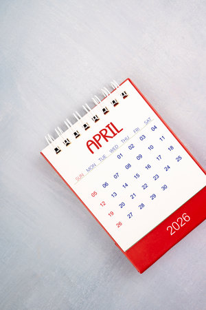 April 2026 on gray color wooden table.の写真素材