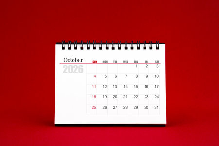 October 2026 Blank desk calendar on red background.の写真素材