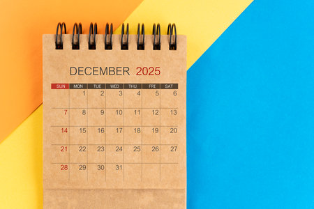 December 2025 mini calendar on colorful background.の写真素材