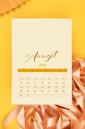 August 2026 calendar page with yellow ribbon.の写真素材