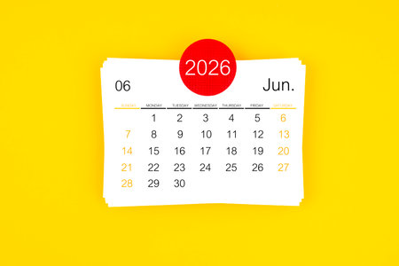 June 2026 card calendar on yellow background.