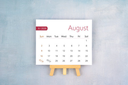 August 2026 calendar page with wooden easel.の写真素材
