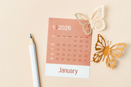 January 2026 calendar card for the organizer to plan and reminder and butterfly paper on yellow...