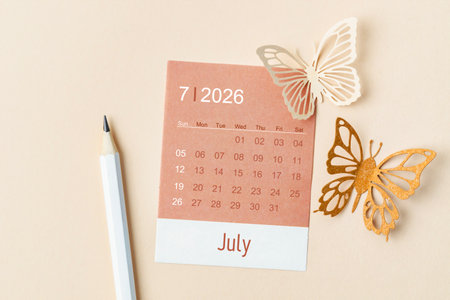 July 2026 calendar card for the organizer to plan and reminder and butterfly paper on yellow background.の写真素材