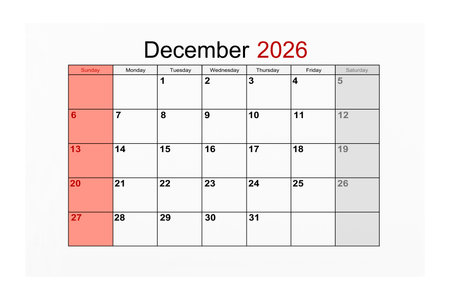 December 2026 Calendar page for 2026 year isolated on white, Save clipping path.の写真素材