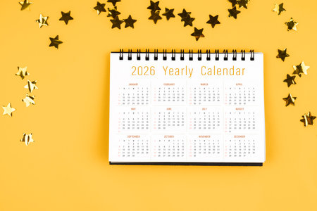 2026 calendar and scattered sparkling yellow confetti stars on a yellow color background.の写真素材