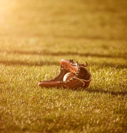 Baseball glove lays in the grass at the ballpark in the seasonの写真素材