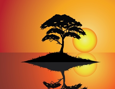 vector illustration of Tree Silhouette with grass and water のイラスト素材