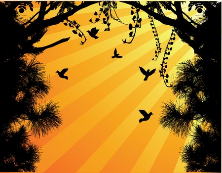 Vector Illustration Of Nature Tree Silhouette With Bird Flyのイラスト素材