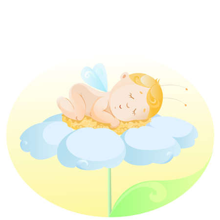 the baby with wings lying on a flowerのイラスト素材