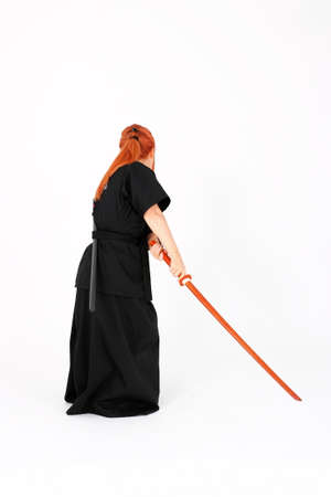 Woman training Haidong Gumdo, a martial art, Kendo formの写真素材