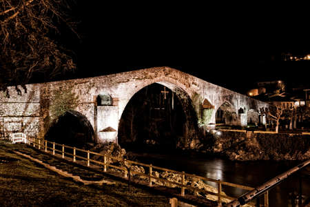Old Roman stone bridge in Cangas de Onis, Asturias, Spainの写真素材