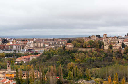 Cityscape. View of Segovia old town with Segovia Cathedral and Roman aqueductの写真素材