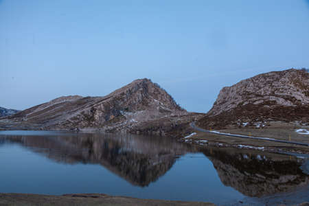 View of mountains landscape. Enol mountain lake, Covadonga, National Park of Picos de Europa,...