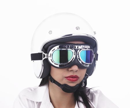 asian female biker with a white helmetの写真素材