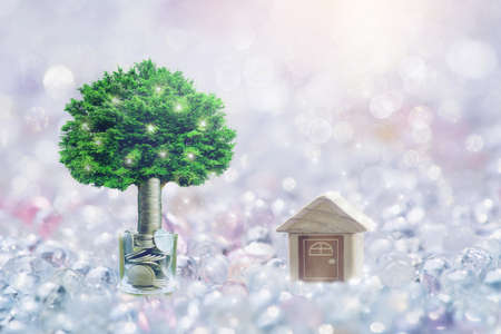 wooden house model and step of coins stacks with tree growing on top,Bokeh background,  money are planted in the soil. concept Property Planning, Investment,Mortgage,Finance and bankingの写真素材