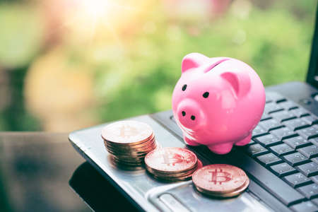 Bitcoin coin and piggy bank  placed on modern black notebook keyboard. Close-Up photo Bitcoin ,...
