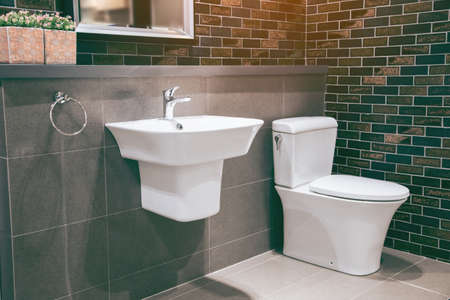 Modern spacious bathroom with toilet and sink. Side viewの写真素材