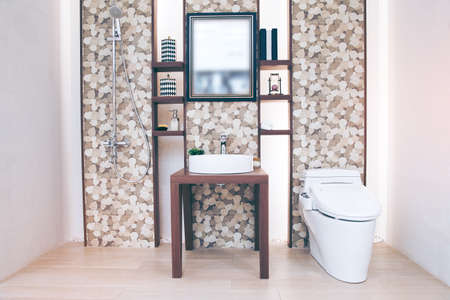 View of a spacious and elegant bathroom. Modern spacious bathroom with bright tiles with toilet and sink.の写真素材