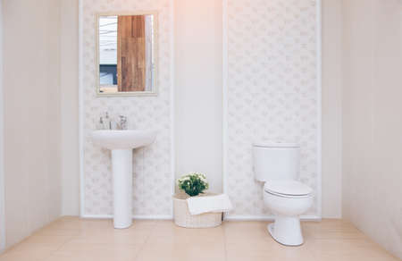 View of a spacious and elegant bathroom. Modern spacious bathroom with bright tiles with toilet and sink.の写真素材