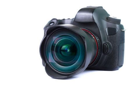 Black DSLR Camera isolated on white background. Modern ultra zoom photo camera front view.の写真素材