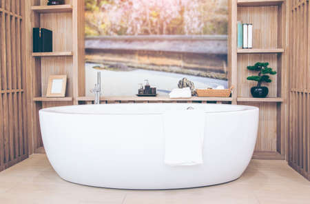 White toilet bowl in the bathroom with shower tiles and comfortable.の写真素材