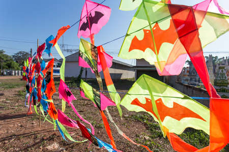 Traditional Indian kites for sale to fly during Pongal or Sankranti Hindu festival,a Harvest Festival,during winterの写真素材