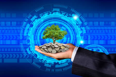 The hand of a businessman with coins on his hands and tree placed on coins. Blue background, business graphic, Investment concept and savingsの写真素材