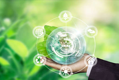World in Hand and Blurred Beautiful Bokeh in the Garden Background . World environment day concept with tree planting and green earth on volunteering hands.の写真素材
