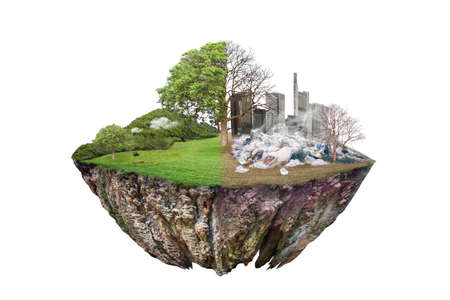 Global Warming and human waste ,Pollution Concept - Sustainability.  showing the effect of arid land with tree changing environment, Concept of climate change. isolated on White Backgroundの写真素材