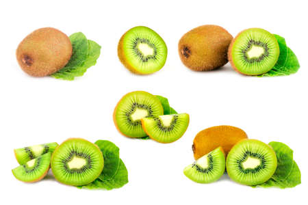 Ripe whole kiwi fruit and half kiwi fruit isolated on white background. The Collection kiwiの写真素材