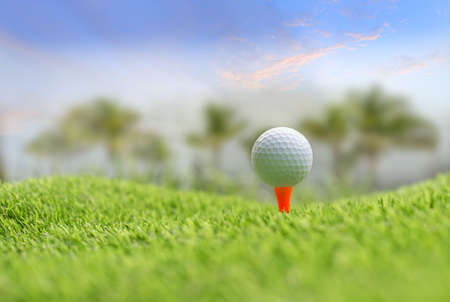 Golf ball on tee ready to be shot.  putting golf ball on tee in golf courseの写真素材
