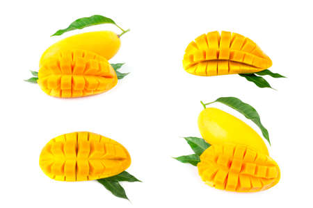 Mango fruit with mango cubes and slices. Isolated on a white background. The collection mangoの写真素材