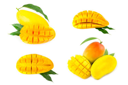 Mango fruit with mango cubes and slices. Isolated on a white background. The collection mangoの写真素材