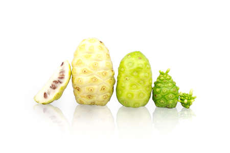 Noni or Morinda Citrifolia fruits with sliced isolated on white background (Rubiaceae Noni, great morinda, indian mulberry, beach mulberry, cheese fruit, Gentianales)の写真素材