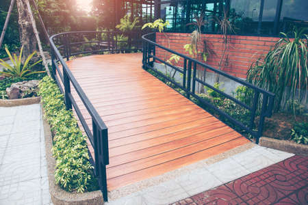 Wooden bridge, ramp up, beautiful coffee shop.の写真素材