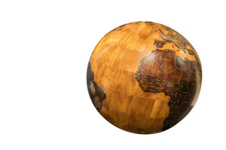 Old wooden globe showing north america on white isolated background.