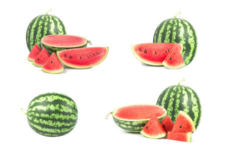 Isolated watermelons. Collection of whole and cut watermelon fruits isolated on white backgroundの写真素材