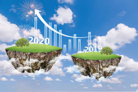 Floating island in the sky  2019 and 2020.  success business conceptの写真素材