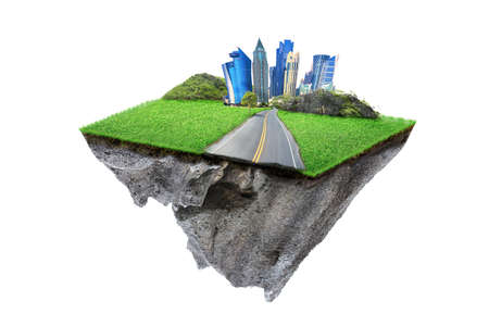 round soil ground cross section with earth land and  modern city  . fantasy floating island with natural on the rock, surreal float landscape with paradise concept isolated on white backgroundの写真素材