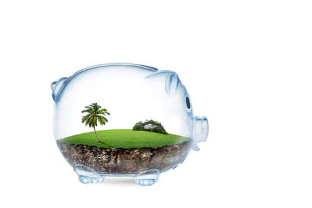 Saving to buy a land or land savings concept with grass growing in shape of land inside transparent piggy bank. isolated on White Background concept for property, mortgage and real estate investment.の写真素材