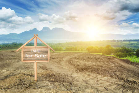 House symbol with location pin and Empty dry cracked swamp reclamation soil, land plot for housing...