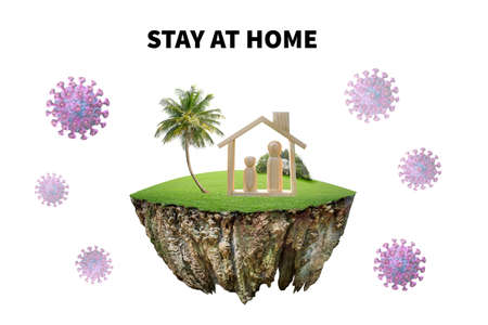 fantasy floating island with natural on the rock, surreal float landscape with paradise concept. Stay home during the coronavirus,  2019-NCOV or COVID19 epidemic.isolated on white backgroundの写真素材