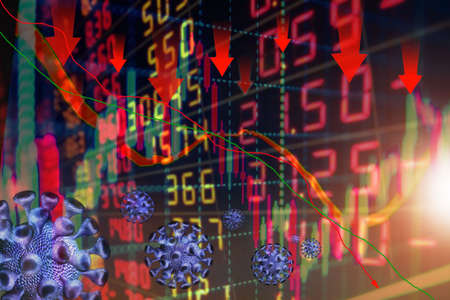 Graphs representing the stock market crash caused by the Coronavirus. fears or virus Outbreak and Stock market selling as a sick financial health business recession concept withの写真素材