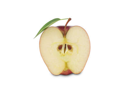 Ripe red apple fruit with apple half and green apple leaf isolated on white background. Apples and leaf. full depth of field.の写真素材