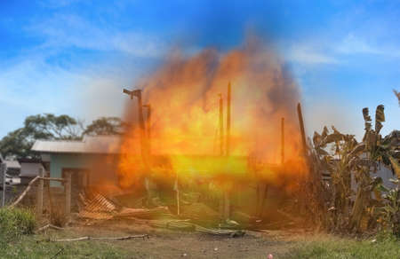 Burning house. Single family detached home completely destroyed by fire.の写真素材