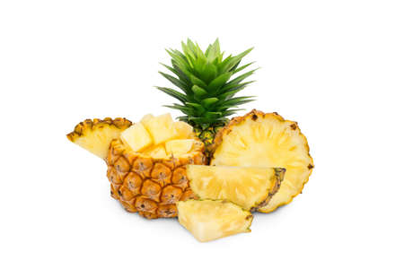 whole pineapple and pineapple slice. Pineapple with leaves isolate on white. Full depth of field. summer fruits, for a healthy and natural life,の写真素材